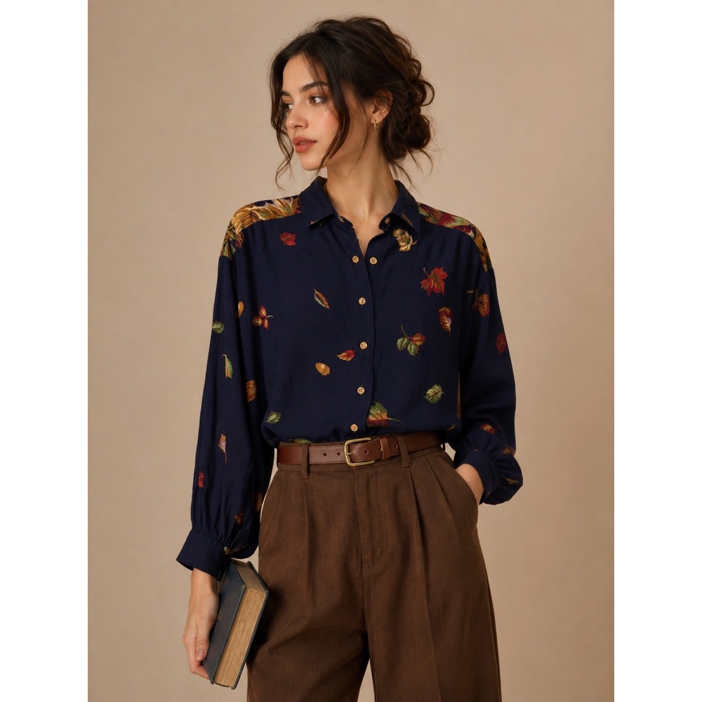 Vtg EJM Navy Autumn Leaf Print Button Front Top M Cottage Dark Academia
